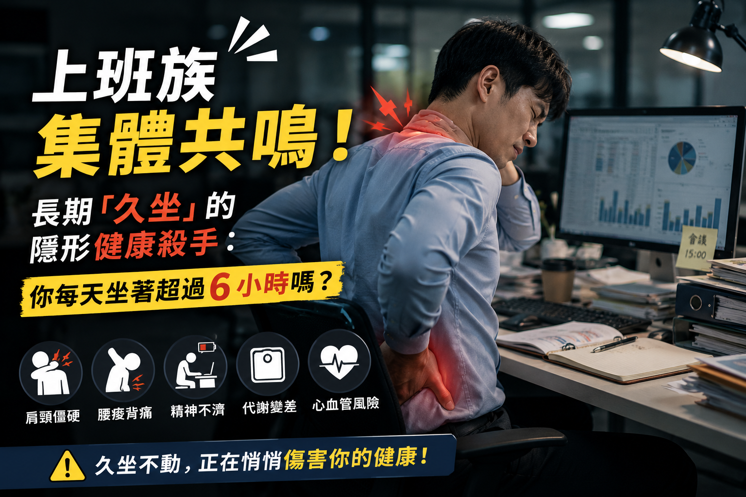 上班族集體共鳴！長期「久坐」的隱形健康殺手：你每天坐著超過 6 小時嗎？