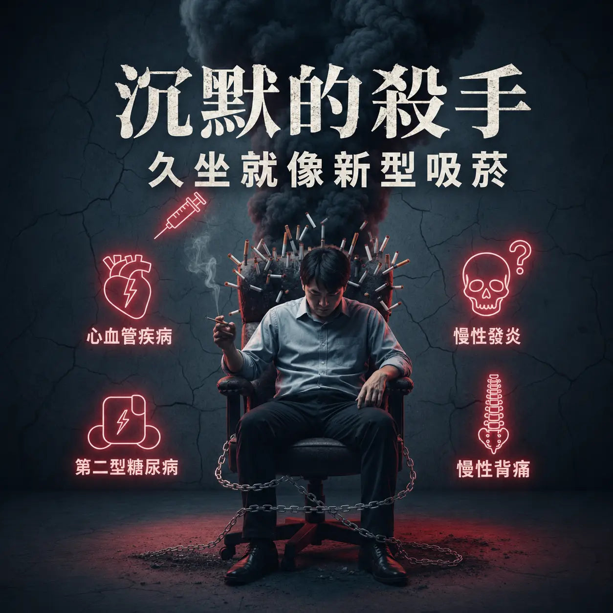 久坐危害示意圖－長期久坐引發心血管疾病、慢性背痛等健康危機，ANDINO安蒂諾人體工學氣墊座墊幫助改善坐姿